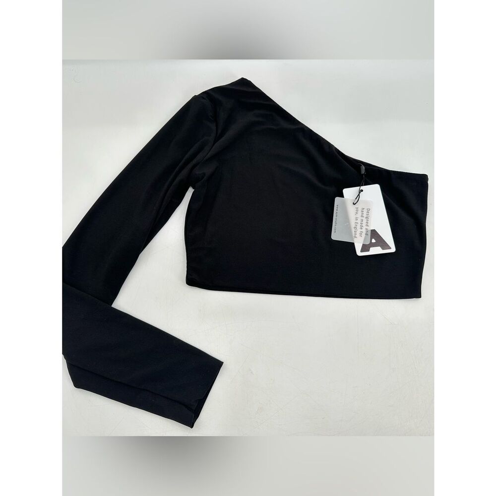 AYM Studio Black One Shoulder Long Sleeve Crop Top Size Medium NWT